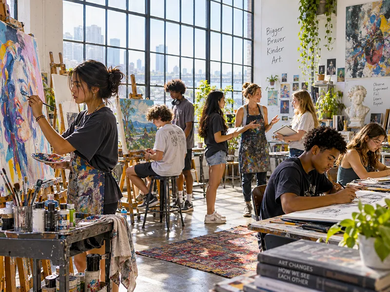 Teens creating art together in a large summer art camp studio on a college campus