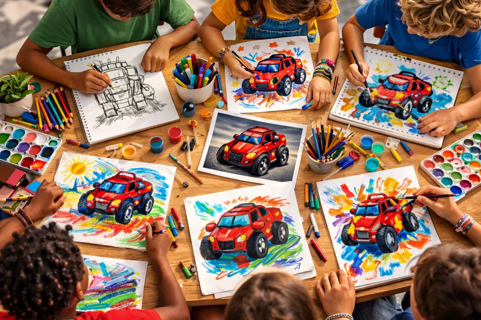 Kids participating in a summer art camp, working on drawings and paintings together with hands-on visual arts and crafts activities