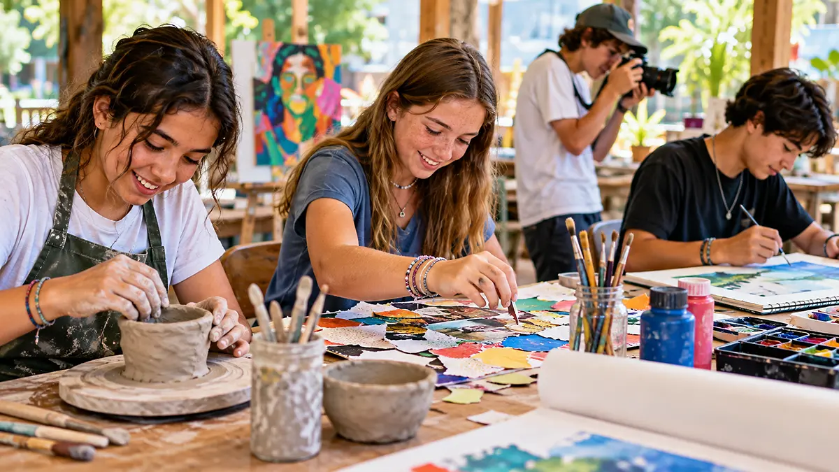 Teens exploring ceramics, mixed media, painting, and photography at summer art camp